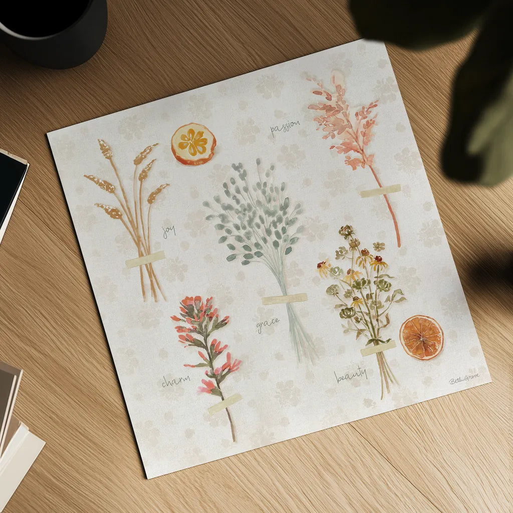 Cottage Charm VIII by Beth Grove. Shown as a detailed flat fine art print, highlighting archival giclee quality. Available as an archival giclee rolled canvas, fine art paper, or poster print. SKU 69271a.