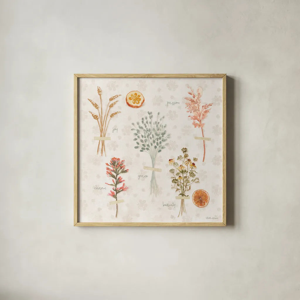 Cottage Charm VIII by Beth Grove. Shown in a natural wood glass frame for a timeless modern aesthetic. Available as an archival giclee rolled canvas, fine art paper, or poster print. SKU 69271a.