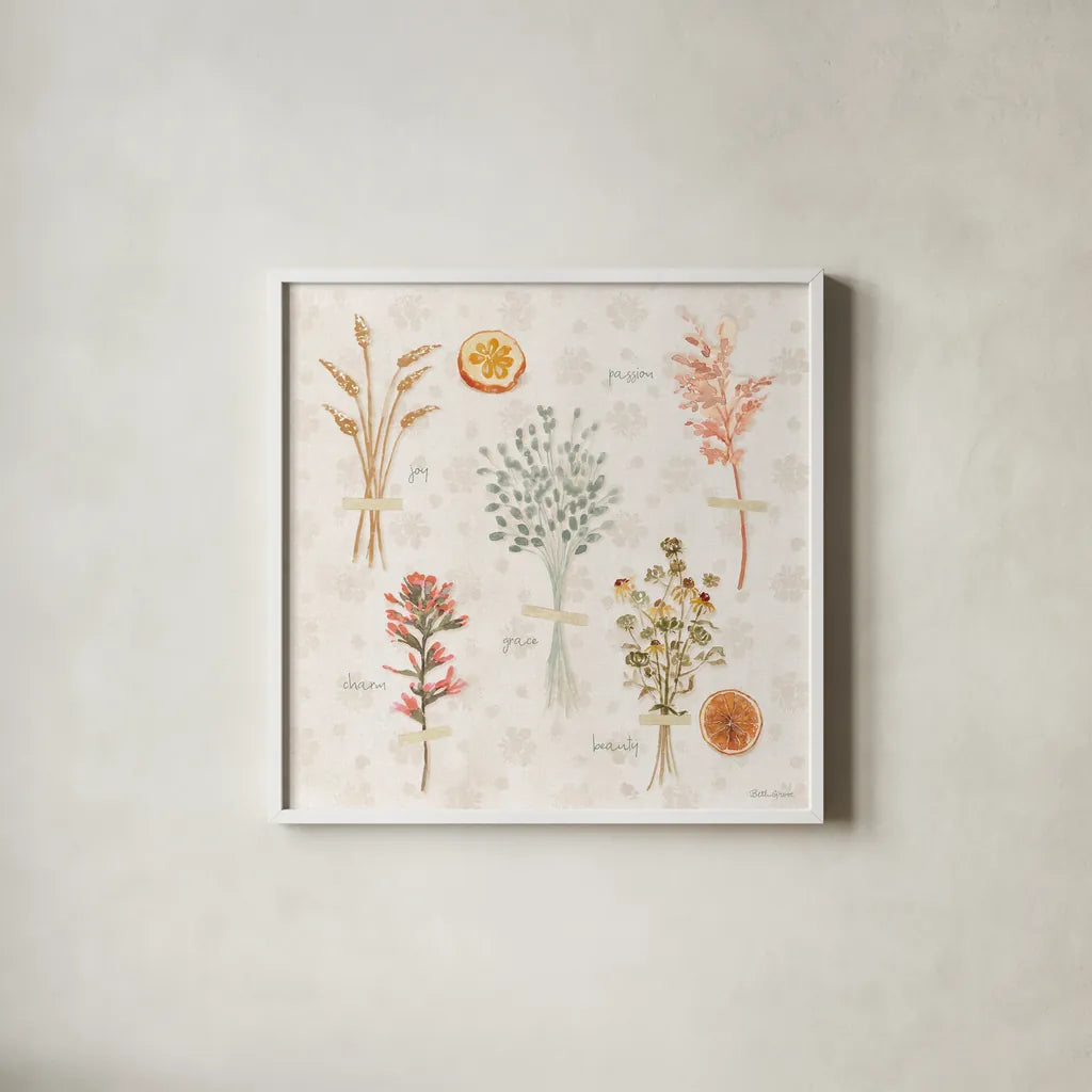 Cottage Charm VIII by Beth Grove. Shown in a crisp white glass frame for a clean and minimalist style. Available as an archival giclee rolled canvas, fine art paper, or poster print. SKU 69271a.