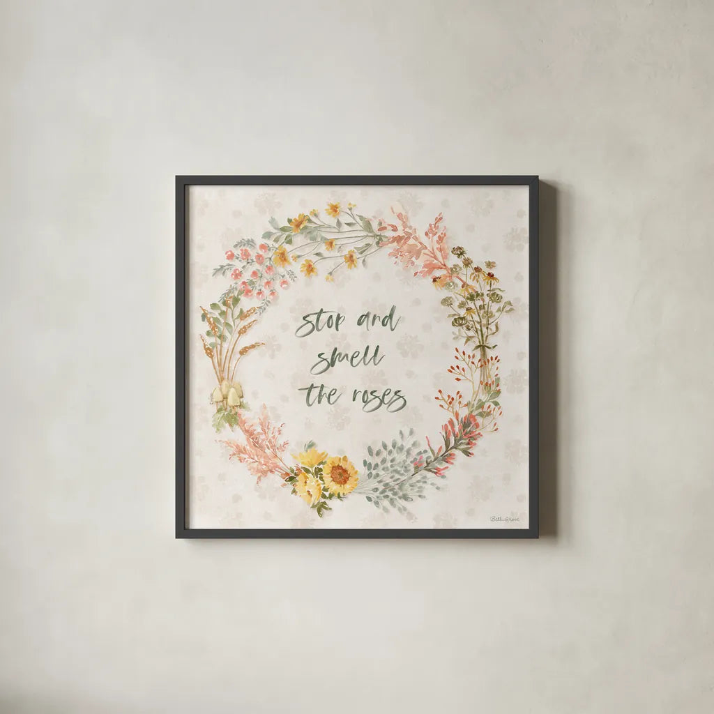 Cottage Charm XII by Beth Grove. Shown in a sleek black glass frame for a contemporary gallery look. Available as an archival giclee rolled canvas, fine art paper, or poster print. SKU 82519a.