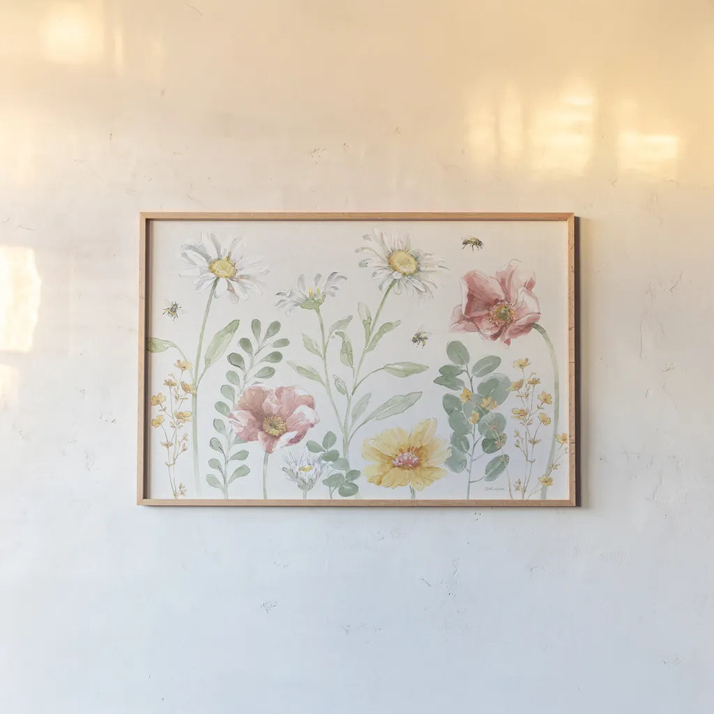 Daisy Days I by Beth Grove. shown as a paper print in a natural frame. Available as a archival giclee rolled canvas, fine art paper, or poster print. SKU 81989i.