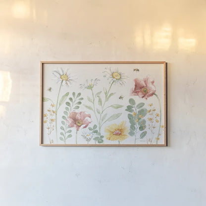 Daisy Days I by Beth Grove. shown as a paper print in a natural frame. Available as a archival giclee rolled canvas, fine art paper, or poster print. SKU 81989i.