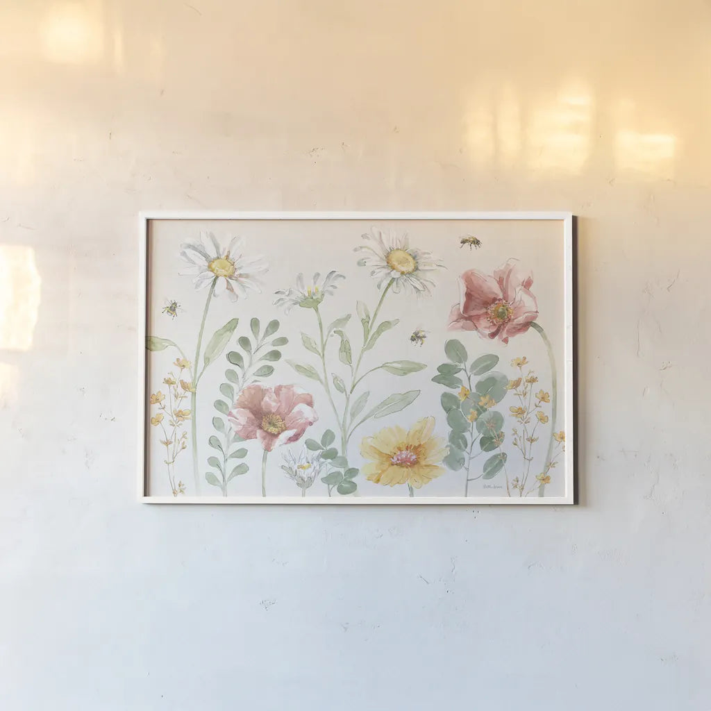 Daisy Days I by Beth Grove. shown as a paper print in a white frame. Available as a archival giclee rolled canvas, fine art paper, or poster print. SKU 81989i.