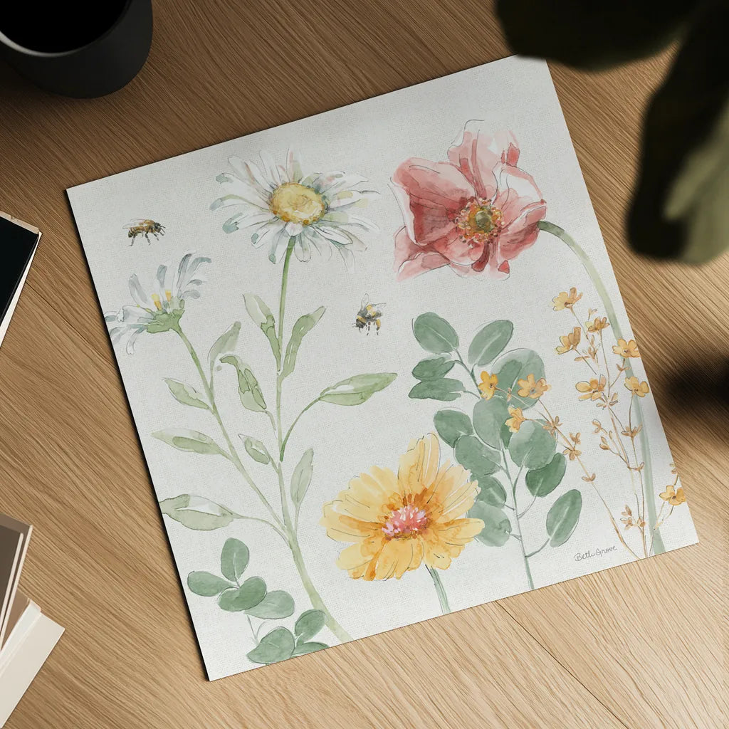 Daisy Days II by Beth Grove. Shown as a detailed flat fine art print, highlighting archival giclee quality. Available as an archival giclee rolled canvas, fine art paper, or poster print. SKU 81990a.