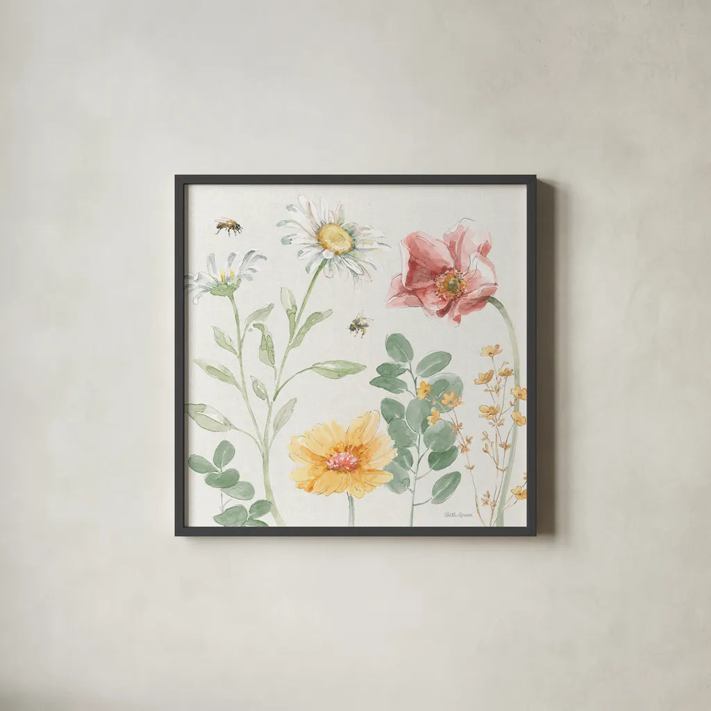 Daisy Days II by Beth Grove. Shown in a sleek black glass frame for a contemporary gallery look. Available as an archival giclee rolled canvas, fine art paper, or poster print. SKU 81990a.
