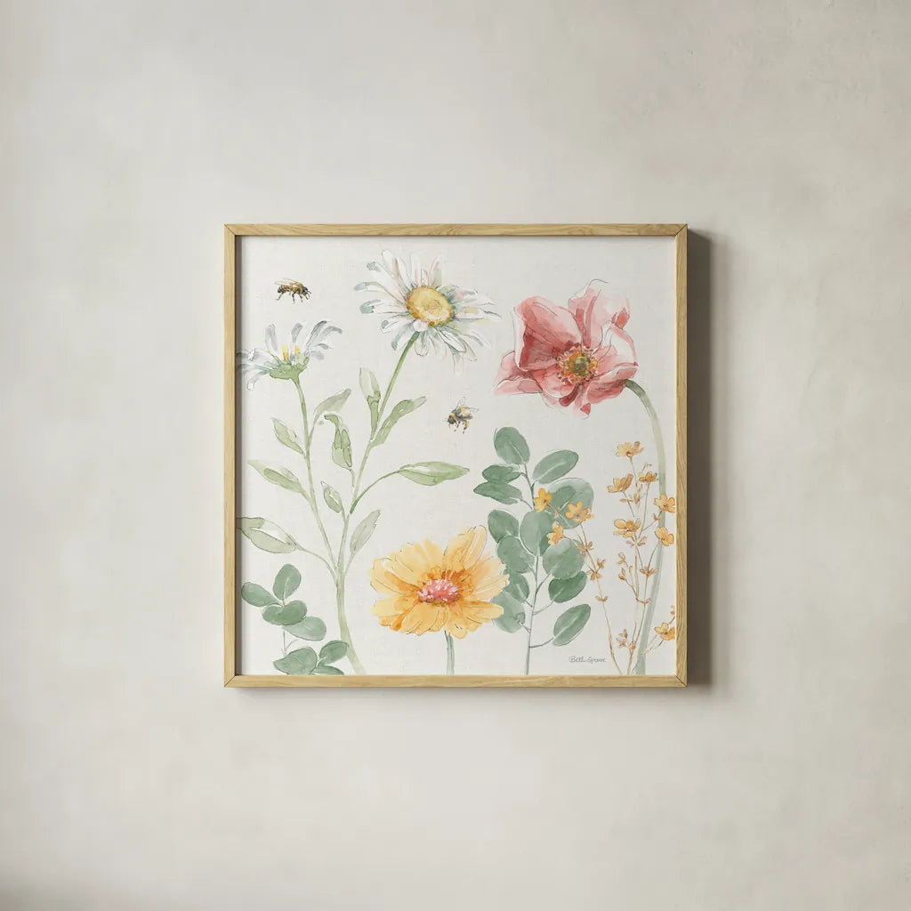 Daisy Days II by Beth Grove. Shown in a natural wood glass frame for a timeless modern aesthetic. Available as an archival giclee rolled canvas, fine art paper, or poster print. SKU 81990a.