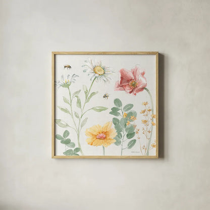 Daisy Days II by Beth Grove. Shown in a natural wood glass frame for a timeless modern aesthetic. Available as an archival giclee rolled canvas, fine art paper, or poster print. SKU 81990a.