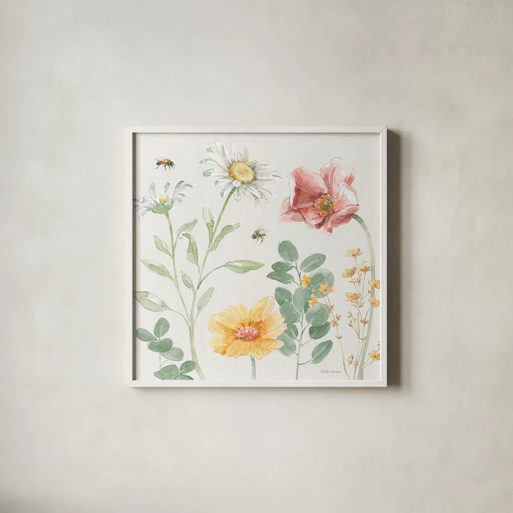 Daisy Days II by Beth Grove. Shown in a crisp white glass frame for a clean and minimalist style. Available as an archival giclee rolled canvas, fine art paper, or poster print. SKU 81990a.