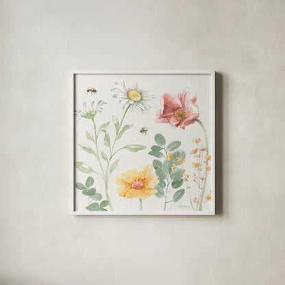 Daisy Days II by Beth Grove. Shown in a crisp white glass frame for a clean and minimalist style. Available as an archival giclee rolled canvas, fine art paper, or poster print. SKU 81990a.
