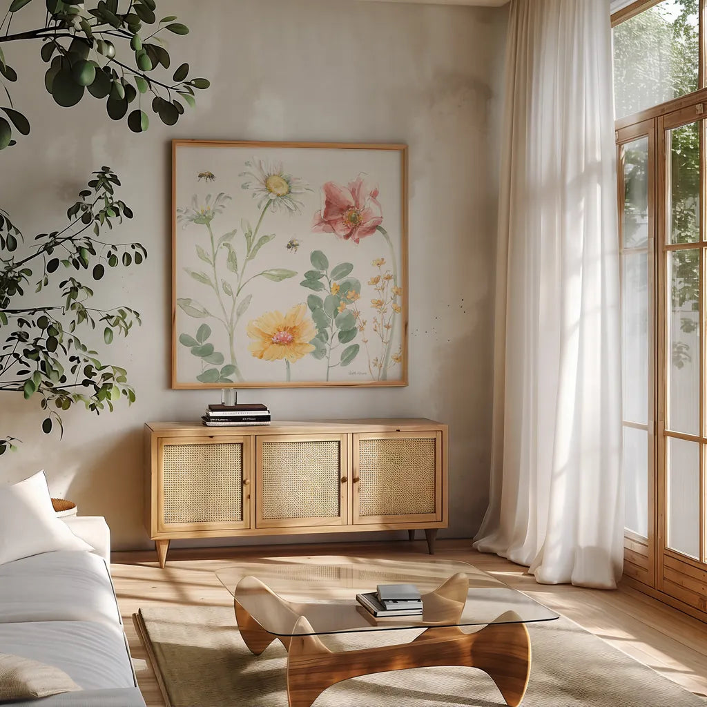 Daisy Days II by Beth Grove. Shown in a natural wood frame in a cozy modern living room. Available as an archival giclee rolled canvas, fine art paper, or poster print. SKU 81990a.