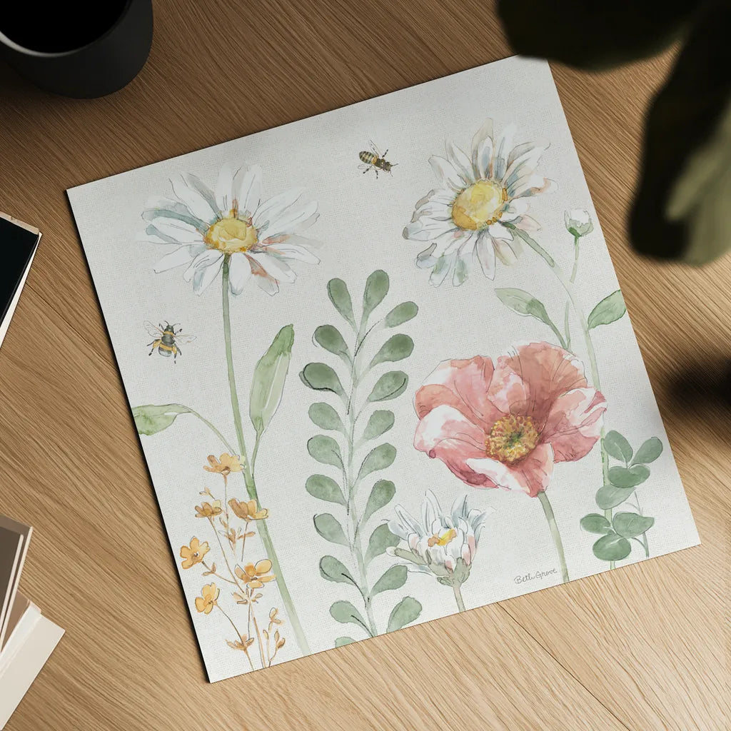 Daisy Days III by Beth Grove. Shown as a detailed flat fine art print, highlighting archival giclee quality. Available as an archival giclee rolled canvas, fine art paper, or poster print. SKU 81991a.