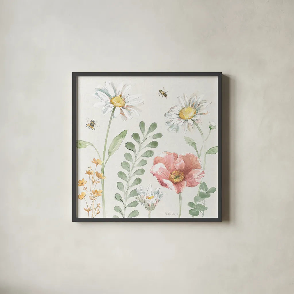 Daisy Days III by Beth Grove. Shown in a sleek black glass frame for a contemporary gallery look. Available as an archival giclee rolled canvas, fine art paper, or poster print. SKU 81991a.