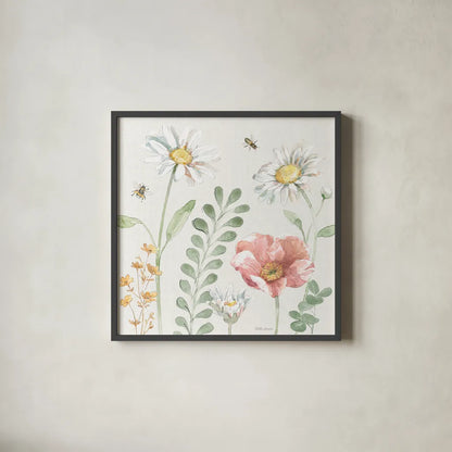 Daisy Days III by Beth Grove. Shown in a sleek black glass frame for a contemporary gallery look. Available as an archival giclee rolled canvas, fine art paper, or poster print. SKU 81991a.