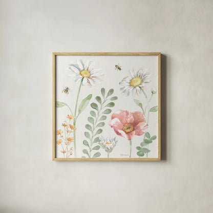 Daisy Days III by Beth Grove. Shown in a natural wood glass frame for a timeless modern aesthetic. Available as an archival giclee rolled canvas, fine art paper, or poster print. SKU 81991a.