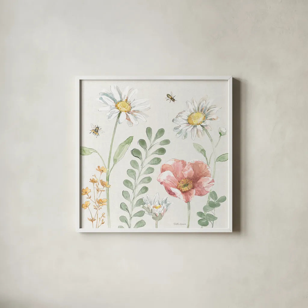 Daisy Days III by Beth Grove. Shown in a crisp white glass frame for a clean and minimalist style. Available as an archival giclee rolled canvas, fine art paper, or poster print. SKU 81991a.