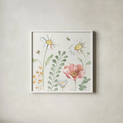 Daisy Days III by Beth Grove. Shown in a crisp white glass frame for a clean and minimalist style. Available as an archival giclee rolled canvas, fine art paper, or poster print. SKU 81991a.