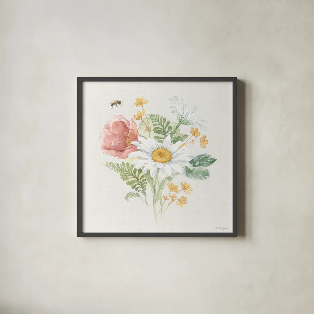Daisy Days IV by Beth Grove. Shown in a sleek black glass frame for a contemporary gallery look. Available as an archival giclee rolled canvas, fine art paper, or poster print. SKU 81992a.