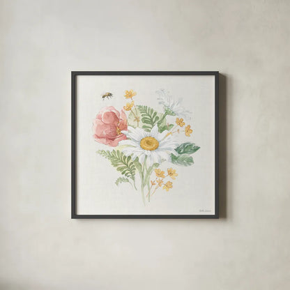 Daisy Days IV by Beth Grove. Shown in a sleek black glass frame for a contemporary gallery look. Available as an archival giclee rolled canvas, fine art paper, or poster print. SKU 81992a.