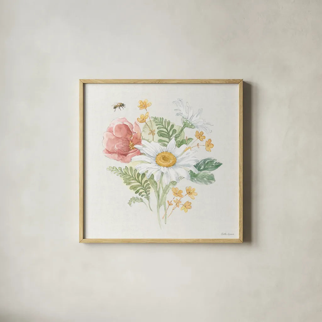 Daisy Days IV by Beth Grove. Shown in a natural wood glass frame for a timeless modern aesthetic. Available as an archival giclee rolled canvas, fine art paper, or poster print. SKU 81992a.