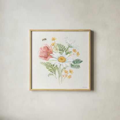 Daisy Days IV by Beth Grove. Shown in a natural wood glass frame for a timeless modern aesthetic. Available as an archival giclee rolled canvas, fine art paper, or poster print. SKU 81992a.