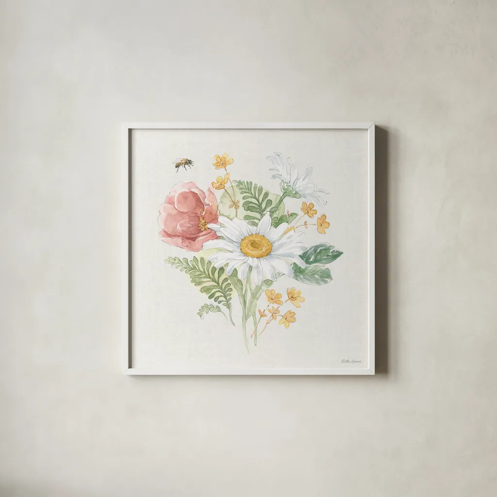 Daisy Days IV by Beth Grove. Shown in a crisp white glass frame for a clean and minimalist style. Available as an archival giclee rolled canvas, fine art paper, or poster print. SKU 81992a.