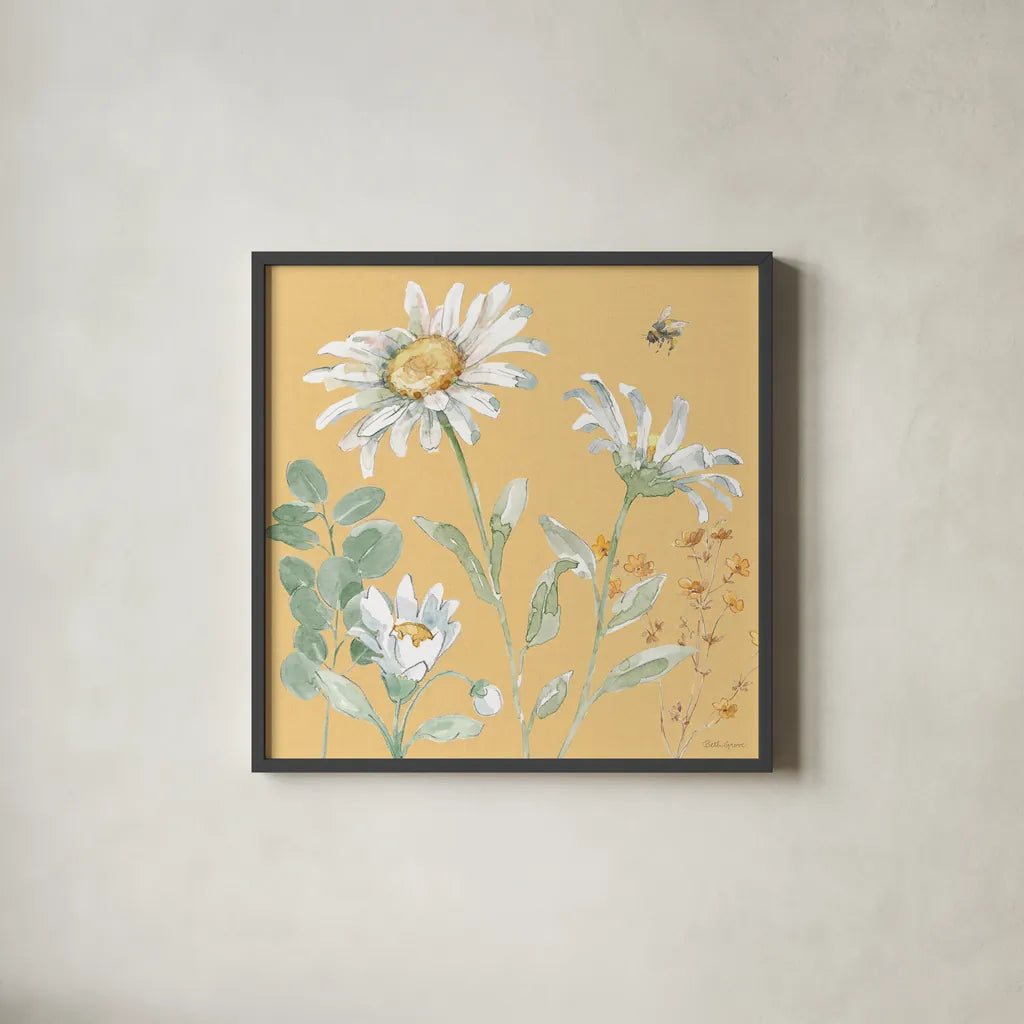 Daisy Days IX by Beth Grove. Shown in a sleek black glass frame for a contemporary gallery look. Available as an archival giclee rolled canvas, fine art paper, or poster print. SKU 81997a.