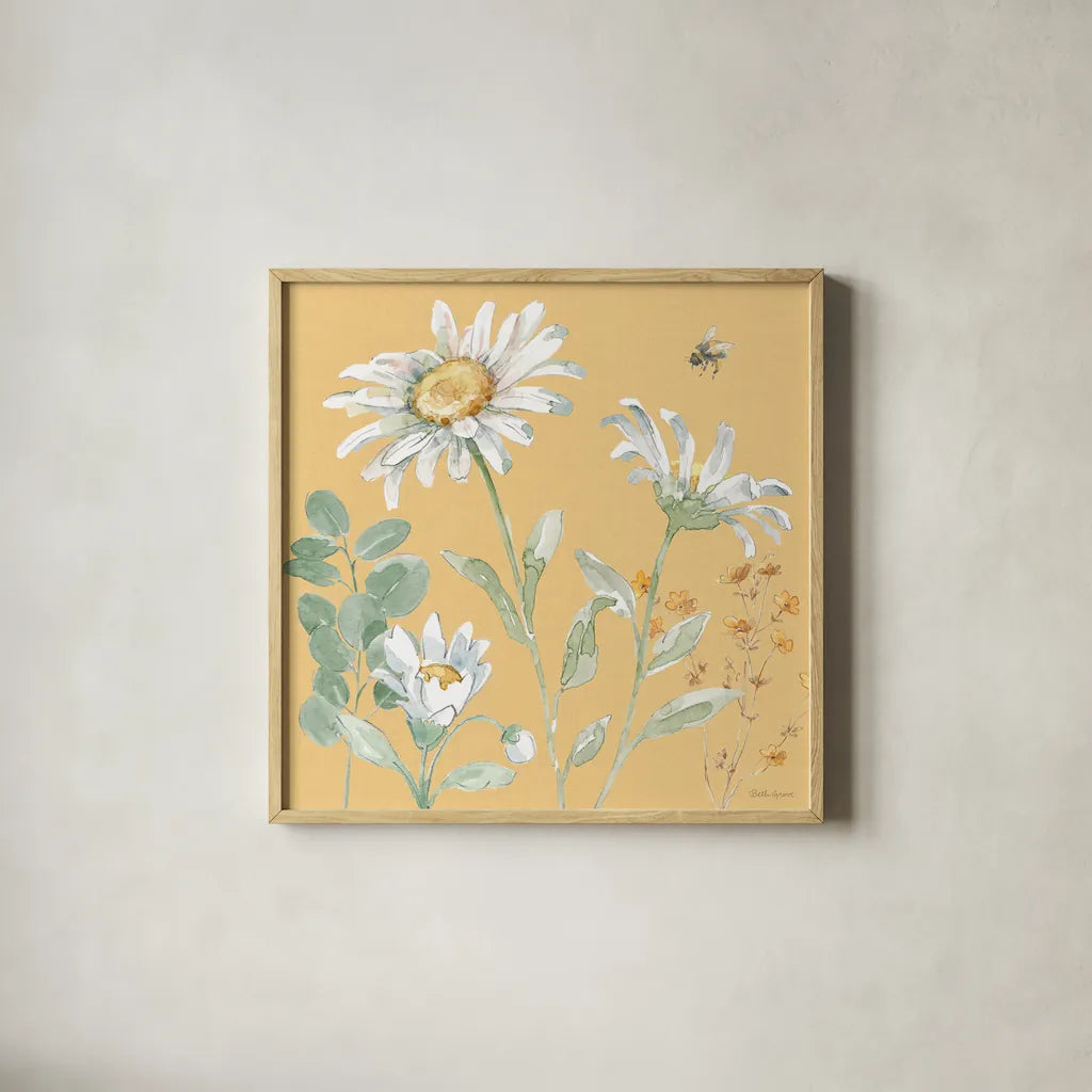 Daisy Days IX by Beth Grove. Shown in a natural wood glass frame for a timeless modern aesthetic. Available as an archival giclee rolled canvas, fine art paper, or poster print. SKU 81997a.
