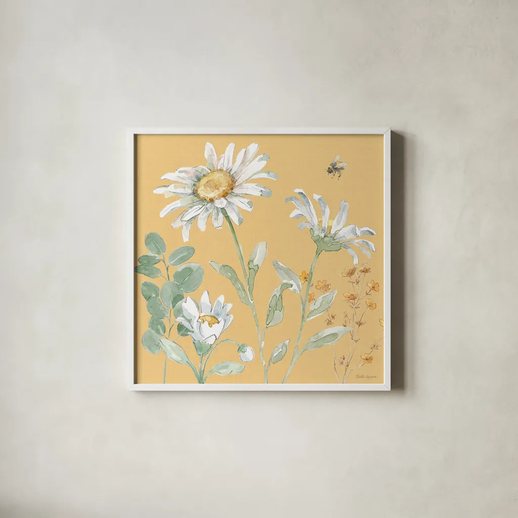 Daisy Days IX by Beth Grove. Shown in a crisp white glass frame for a clean and minimalist style. Available as an archival giclee rolled canvas, fine art paper, or poster print. SKU 81997a.
