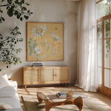Daisy Days IX by Beth Grove. Shown in a natural wood frame in a cozy modern living room. Available as an archival giclee rolled canvas, fine art paper, or poster print. SKU 81997a.