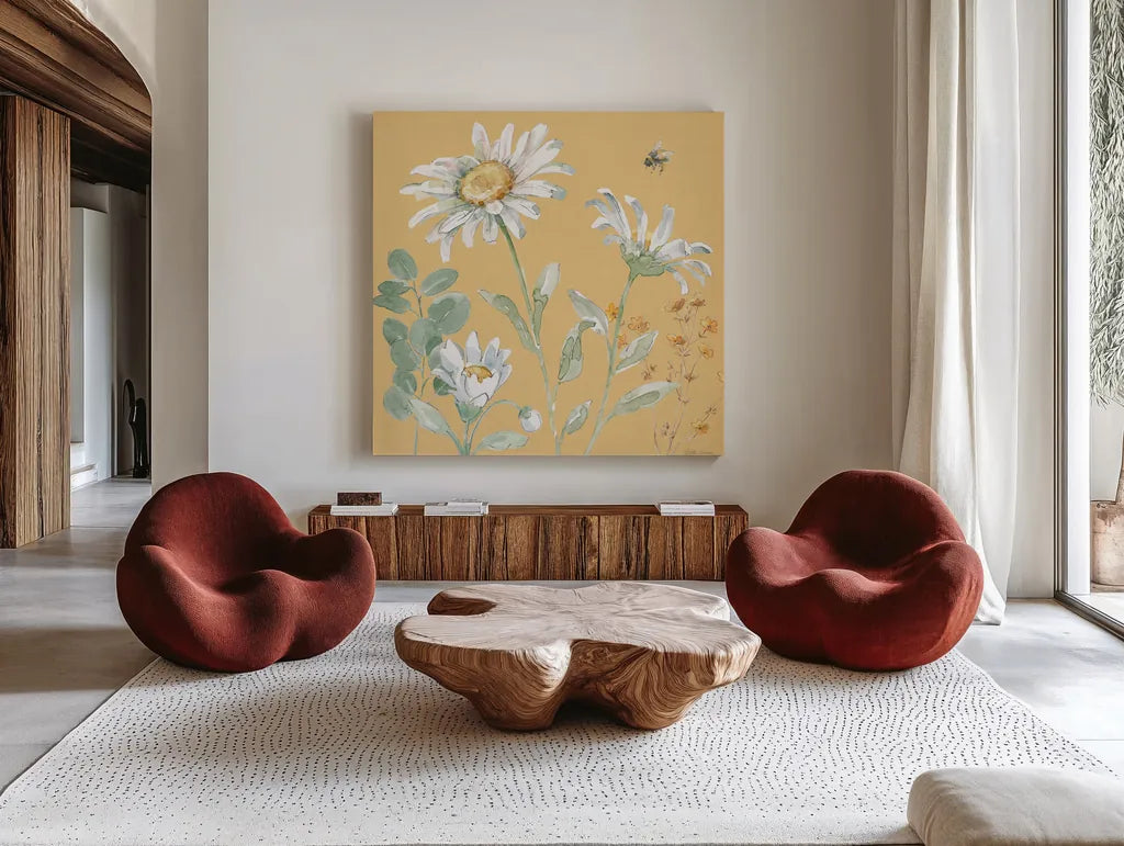 Daisy Days IX by Beth Grove. Shown as extra-large giant wall art in a modern living room. Available as an archival giclee rolled canvas, fine art paper, or poster print. SKU 81997a.