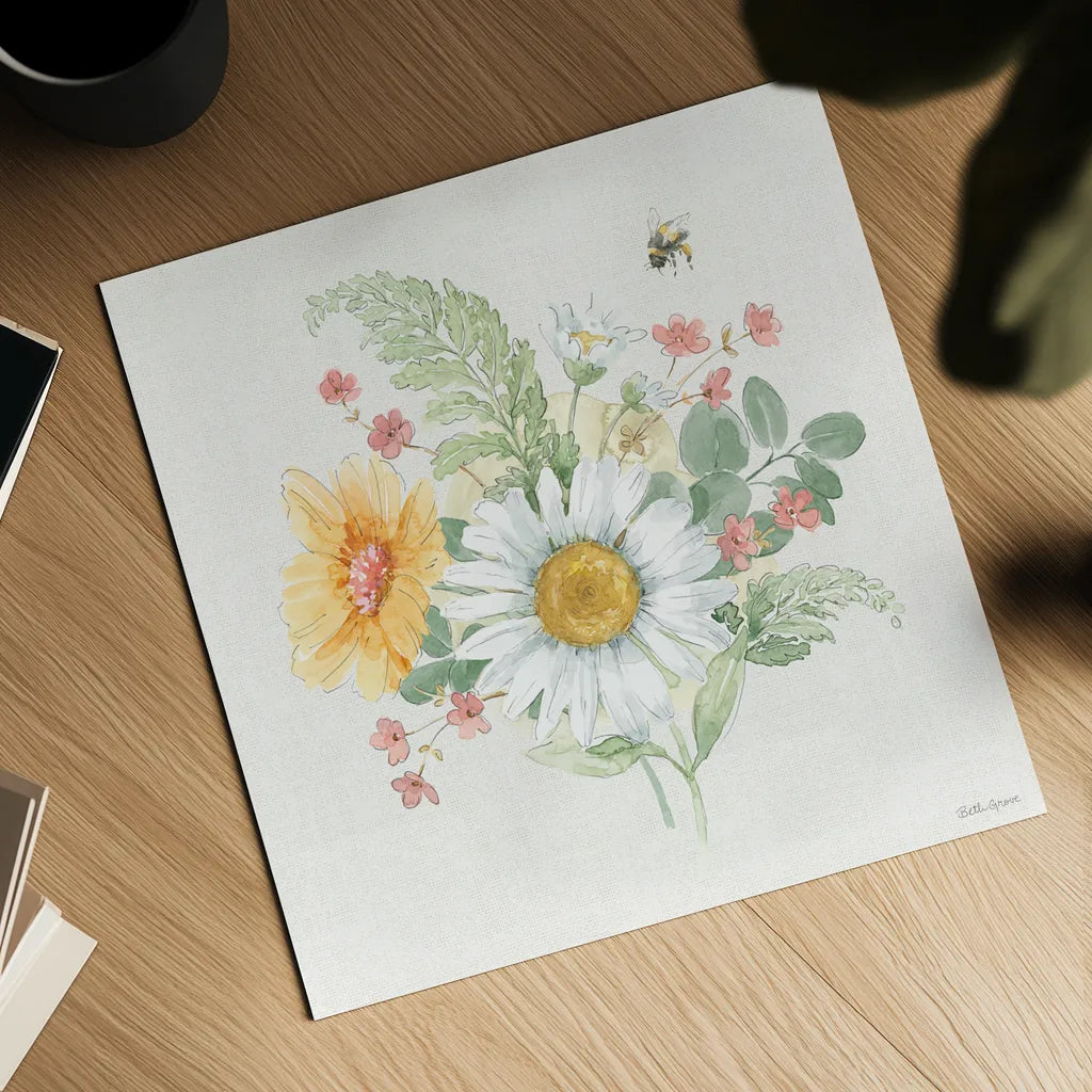 Daisy Days V by Beth Grove. Shown as a detailed flat fine art print, highlighting archival giclee quality. Available as an archival giclee rolled canvas, fine art paper, or poster print. SKU 81993a.