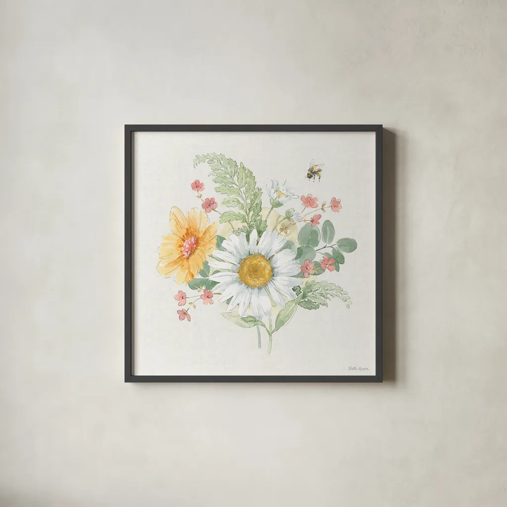 Daisy Days V by Beth Grove. Shown in a sleek black glass frame for a contemporary gallery look. Available as an archival giclee rolled canvas, fine art paper, or poster print. SKU 81993a.