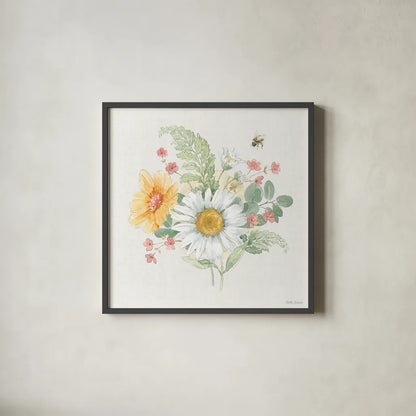 Daisy Days V by Beth Grove. Shown in a sleek black glass frame for a contemporary gallery look. Available as an archival giclee rolled canvas, fine art paper, or poster print. SKU 81993a.