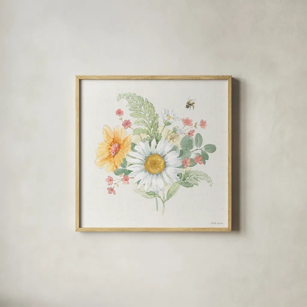Daisy Days V by Beth Grove. Shown in a natural wood glass frame for a timeless modern aesthetic. Available as an archival giclee rolled canvas, fine art paper, or poster print. SKU 81993a.