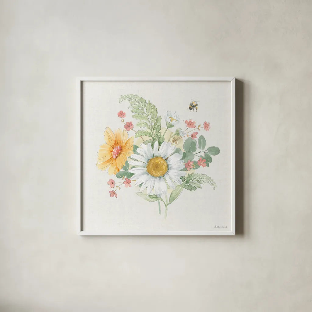 Daisy Days V by Beth Grove. Shown in a crisp white glass frame for a clean and minimalist style. Available as an archival giclee rolled canvas, fine art paper, or poster print. SKU 81993a.