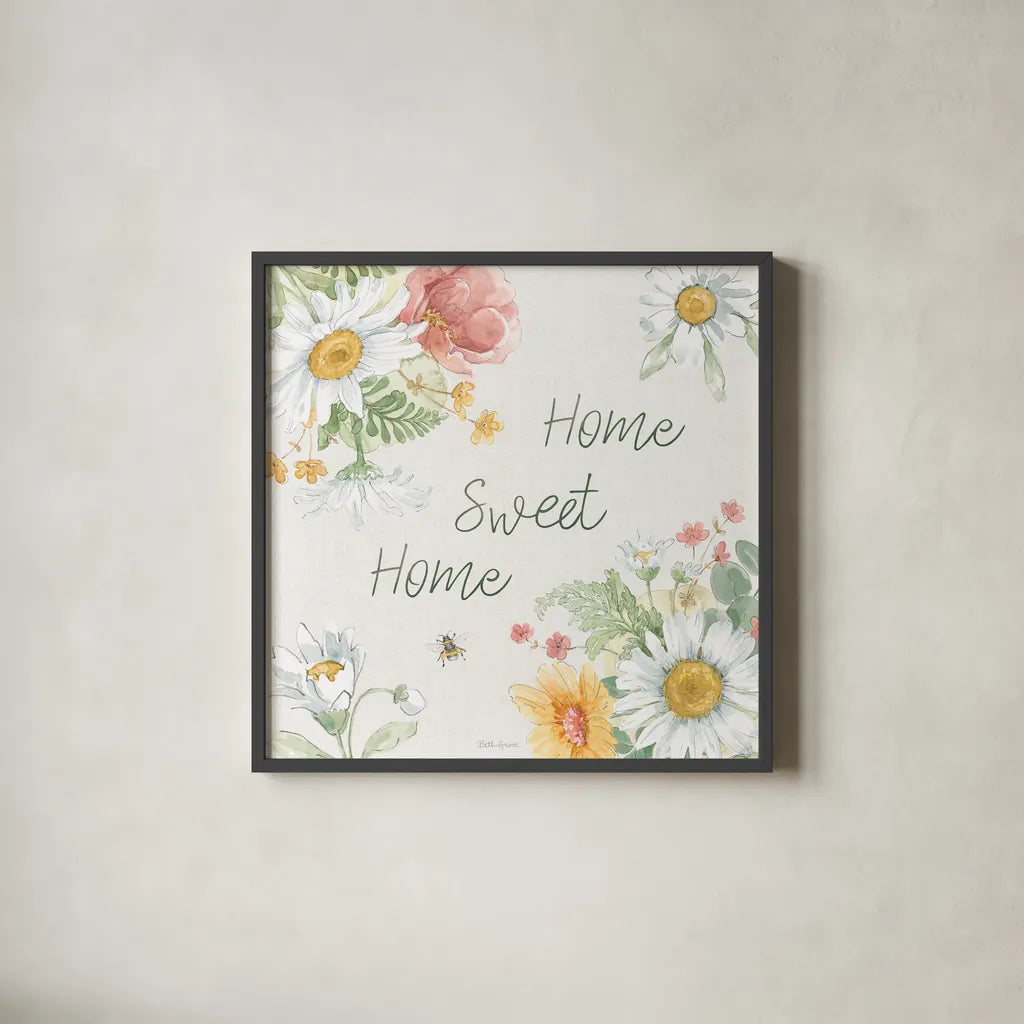 Daisy Days VII by Beth Grove. Shown in a sleek black glass frame for a contemporary gallery look. Available as an archival giclee rolled canvas, fine art paper, or poster print. SKU 81995a.