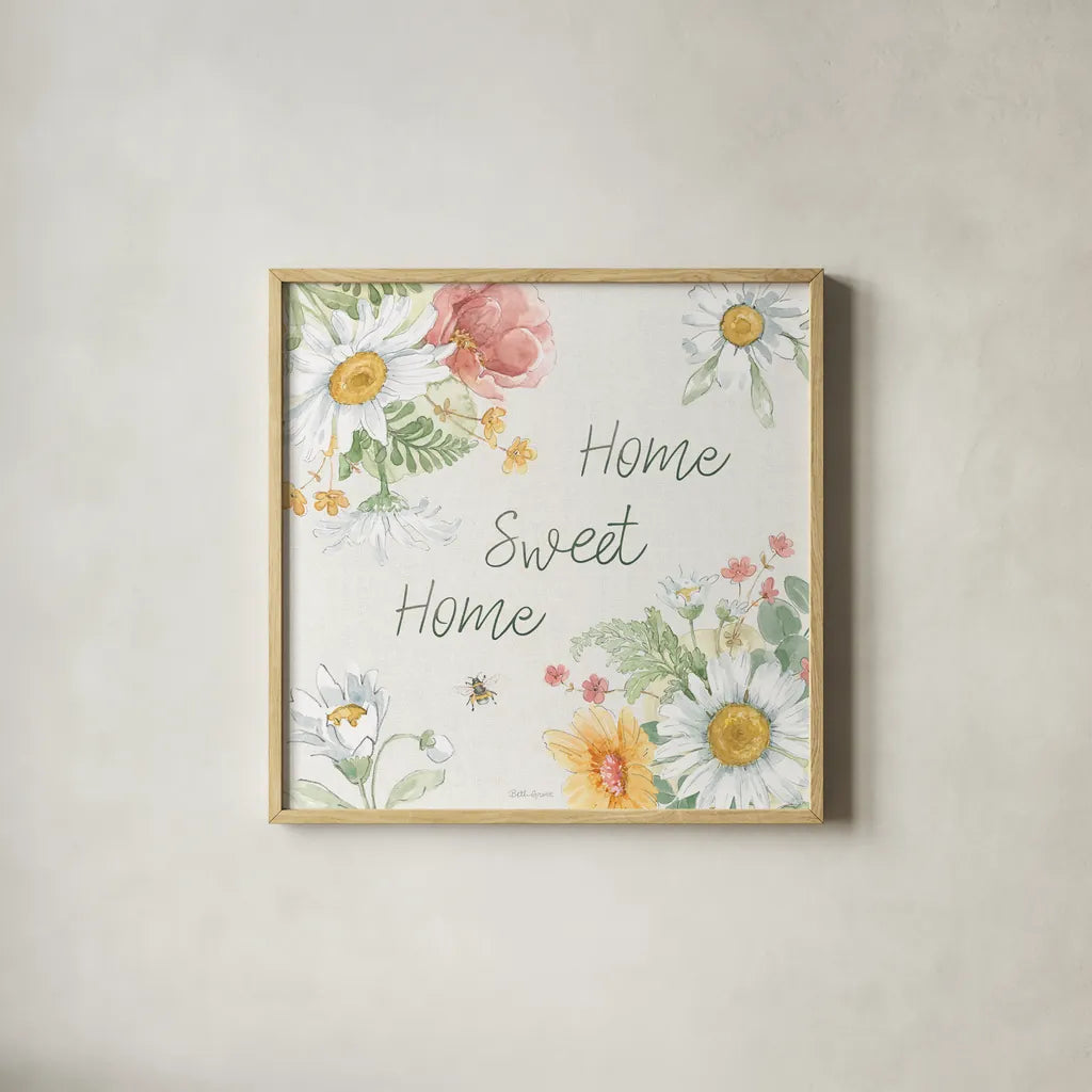 Daisy Days VII by Beth Grove. Shown in a natural wood glass frame for a timeless modern aesthetic. Available as an archival giclee rolled canvas, fine art paper, or poster print. SKU 81995a.