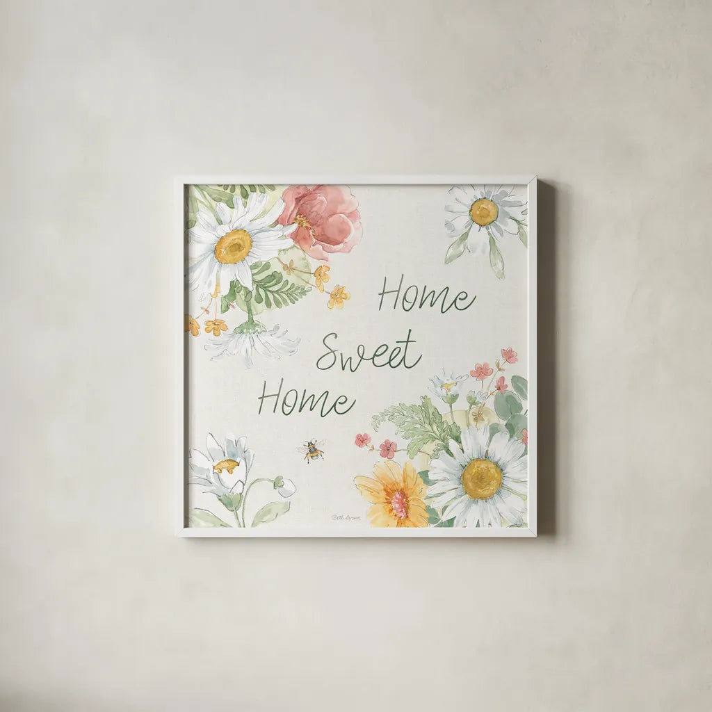 Daisy Days VII by Beth Grove. Shown in a crisp white glass frame for a clean and minimalist style. Available as an archival giclee rolled canvas, fine art paper, or poster print. SKU 81995a.