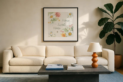 Daisy Days VII by Beth Grove. Displayed in a glass frame with matte in a clean modern living room. Available as an archival giclee rolled canvas, fine art paper, or poster print. SKU 81995a.