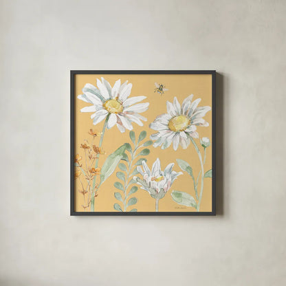 Daisy Days VIII by Beth Grove. Shown in a sleek black glass frame for a contemporary gallery look. Available as an archival giclee rolled canvas, fine art paper, or poster print. SKU 81996a.