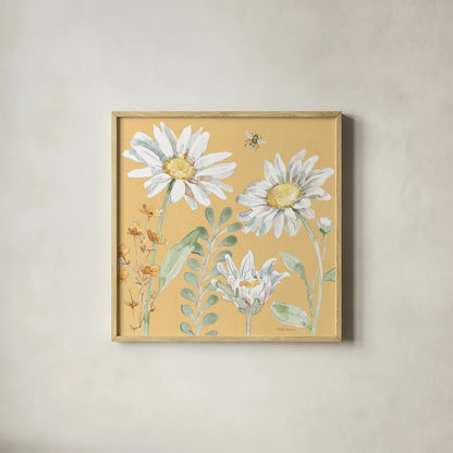Daisy Days VIII by Beth Grove. Shown in a natural wood glass frame for a timeless modern aesthetic. Available as an archival giclee rolled canvas, fine art paper, or poster print. SKU 81996a.