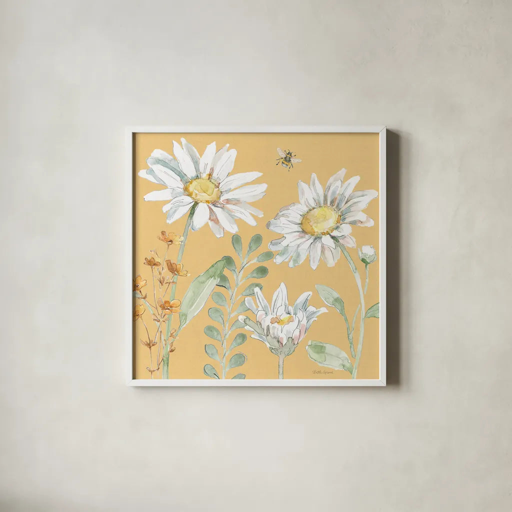 Daisy Days VIII by Beth Grove. Shown in a crisp white glass frame for a clean and minimalist style. Available as an archival giclee rolled canvas, fine art paper, or poster print. SKU 81996a.