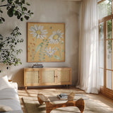 Daisy Days VIII by Beth Grove. Shown in a natural wood frame in a cozy modern living room. Available as an archival giclee rolled canvas, fine art paper, or poster print. SKU 81996a.