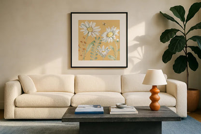 Daisy Days VIII by Beth Grove. Displayed in a glass frame with matte in a clean modern living room. Available as an archival giclee rolled canvas, fine art paper, or poster print. SKU 81996a.