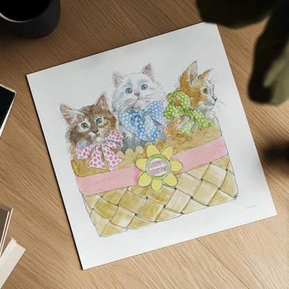 Easter Kitties I by Beth Grove. Shown as a detailed flat fine art print, highlighting archival giclee quality. Available as an archival giclee rolled canvas, fine art paper, or poster print. SKU 40425a.