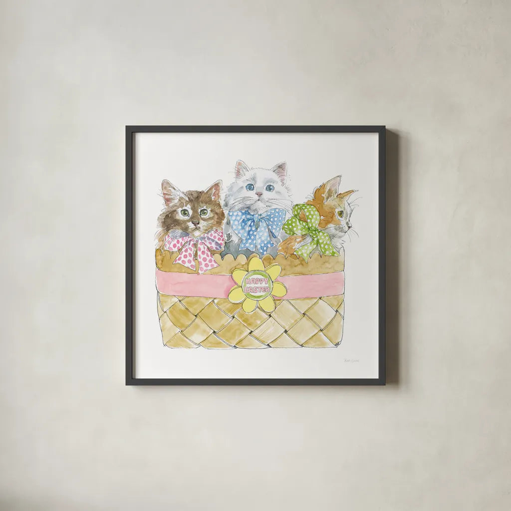 Easter Kitties I by Beth Grove. Shown in a sleek black glass frame for a contemporary gallery look. Available as an archival giclee rolled canvas, fine art paper, or poster print. SKU 40425a.