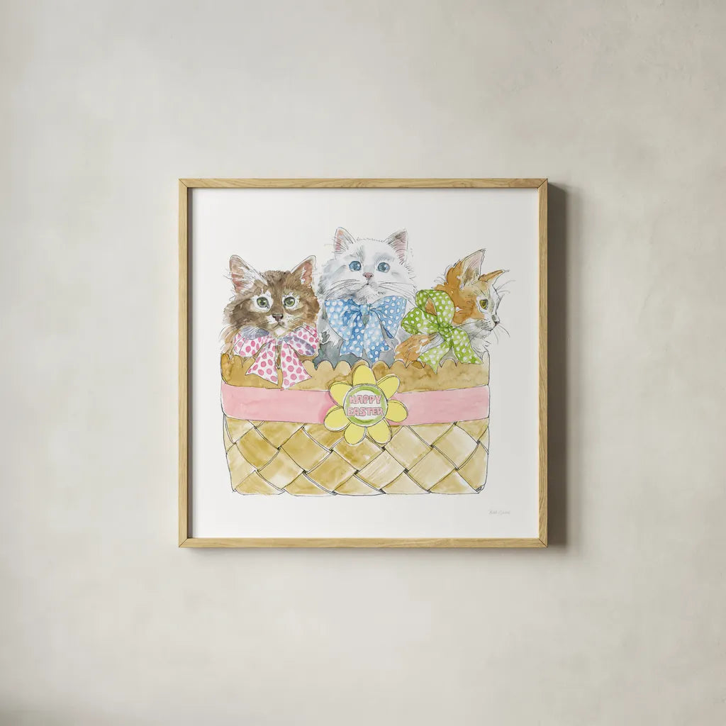 Easter Kitties I by Beth Grove. Shown in a natural wood glass frame for a timeless modern aesthetic. Available as an archival giclee rolled canvas, fine art paper, or poster print. SKU 40425a.
