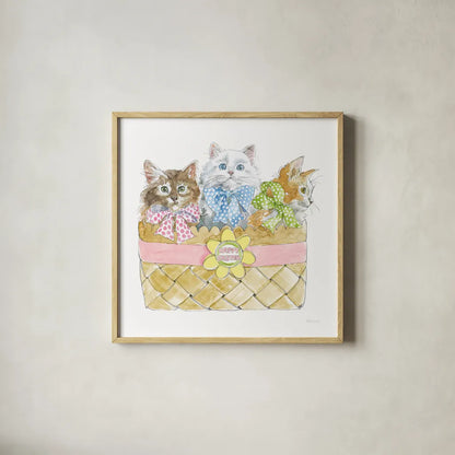 Easter Kitties I by Beth Grove. Shown in a natural wood glass frame for a timeless modern aesthetic. Available as an archival giclee rolled canvas, fine art paper, or poster print. SKU 40425a.