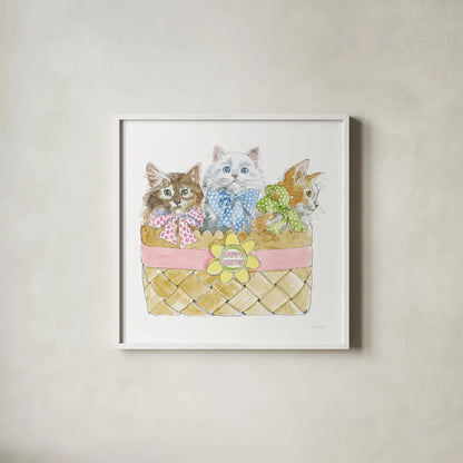 Easter Kitties I by Beth Grove. Shown in a crisp white glass frame for a clean and minimalist style. Available as an archival giclee rolled canvas, fine art paper, or poster print. SKU 40425a.