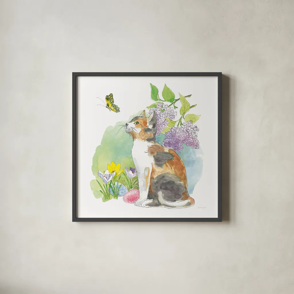 Easter Kitties II by Beth Grove. Shown in a sleek black glass frame for a contemporary gallery look. Available as an archival giclee rolled canvas, fine art paper, or poster print. SKU 40426a.